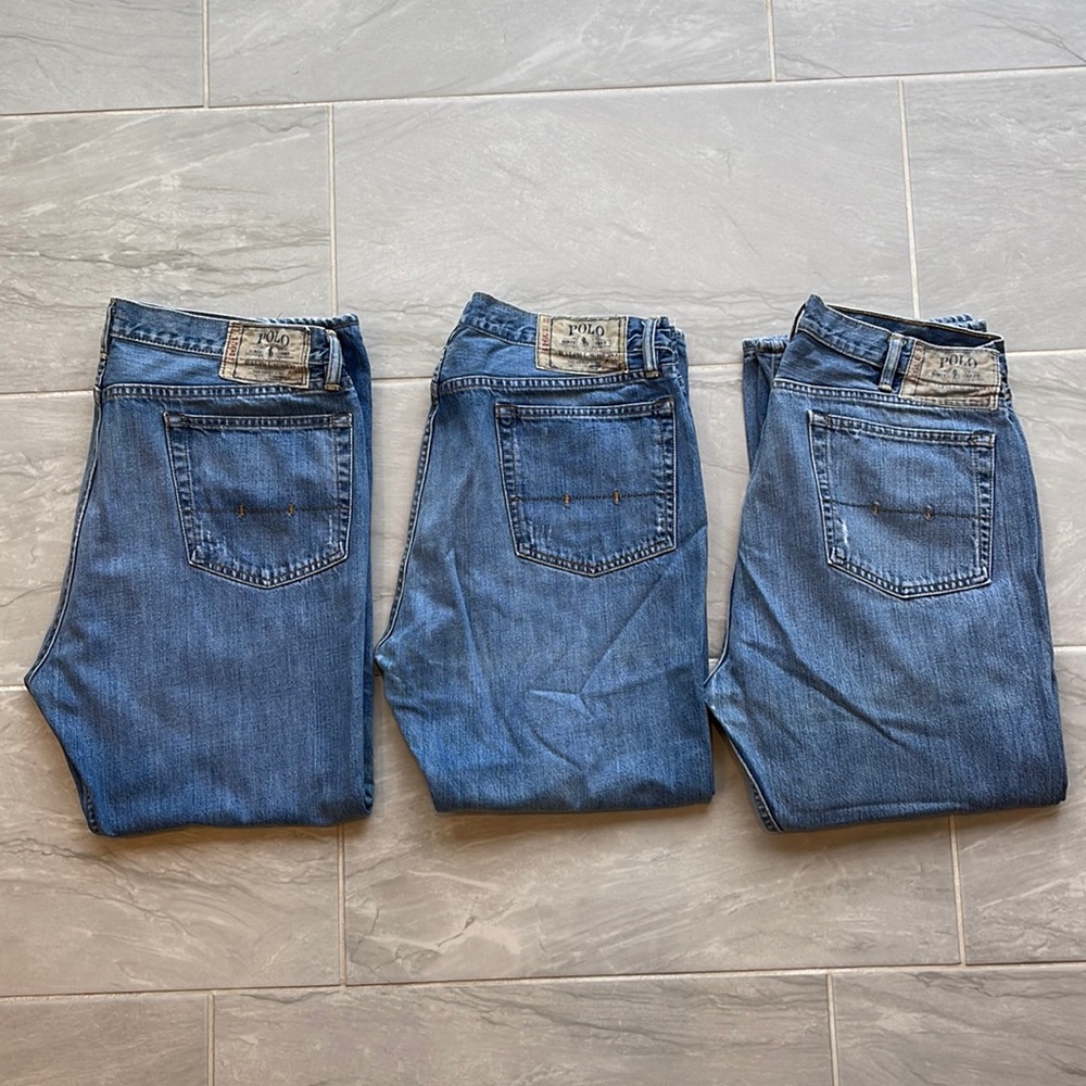 (lot of 3) Men’s POLO by Ralph Lauren Denim Blue Jeans 5 Pocket 38 x 27 & 28